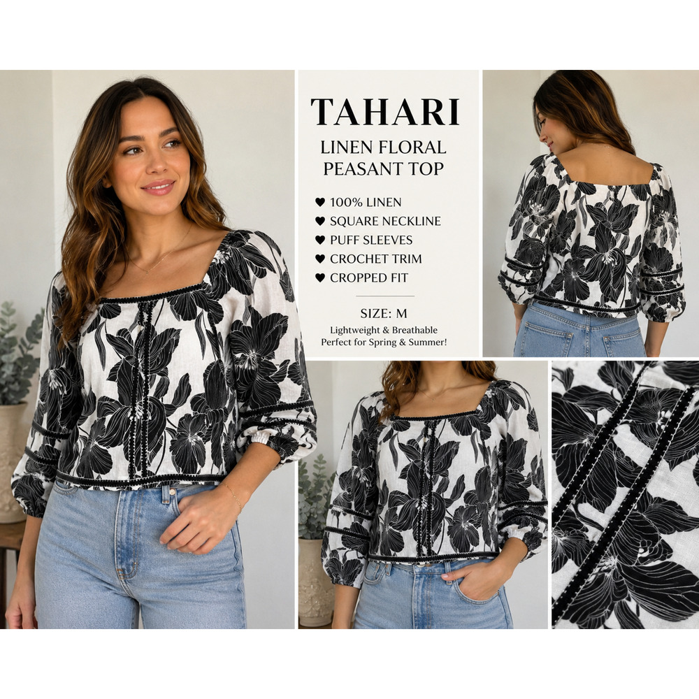 Tahari Linen Floral Peasant Crop Top Women's Size M Black White Cottagecore Boho